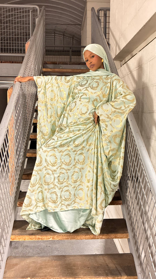 Sage & Gold Swirl Dirac – gold swirl satin dirac, full length