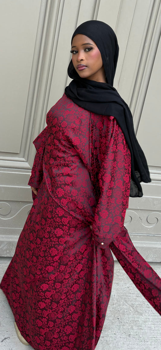 Burgundy Rose Abaya – deep red floral jacquard abaya, side view