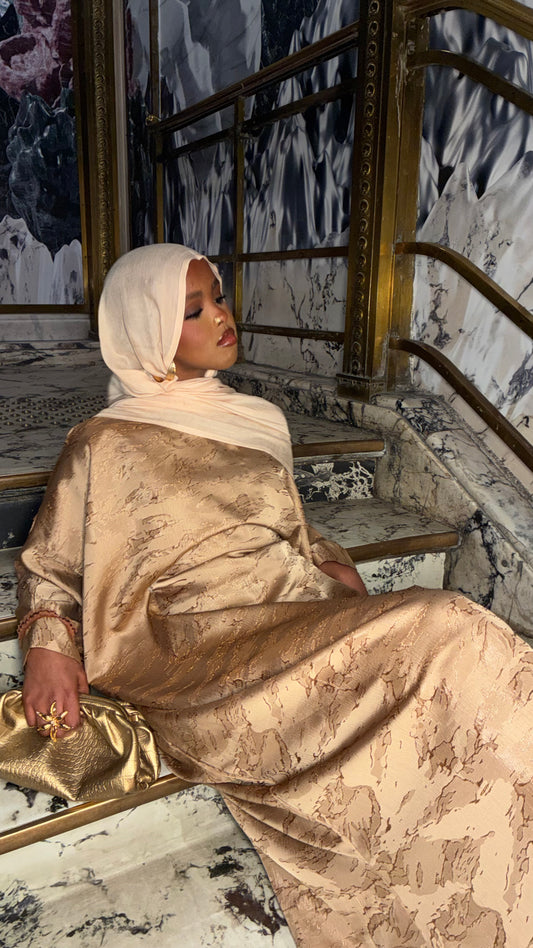 Champagne Marble Abaya – gold marbled satin abaya, full length