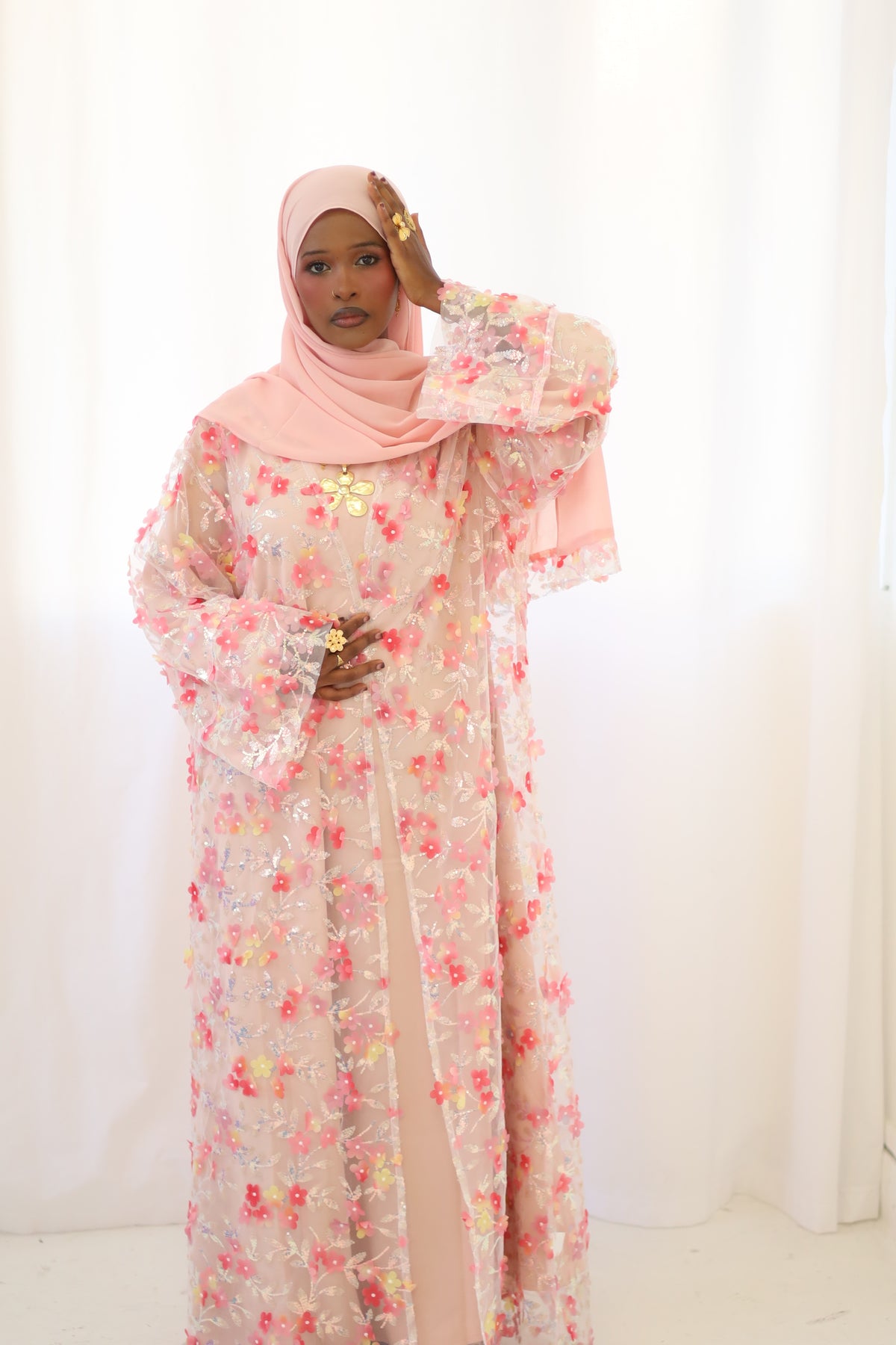 Floral embroidery lace abaya