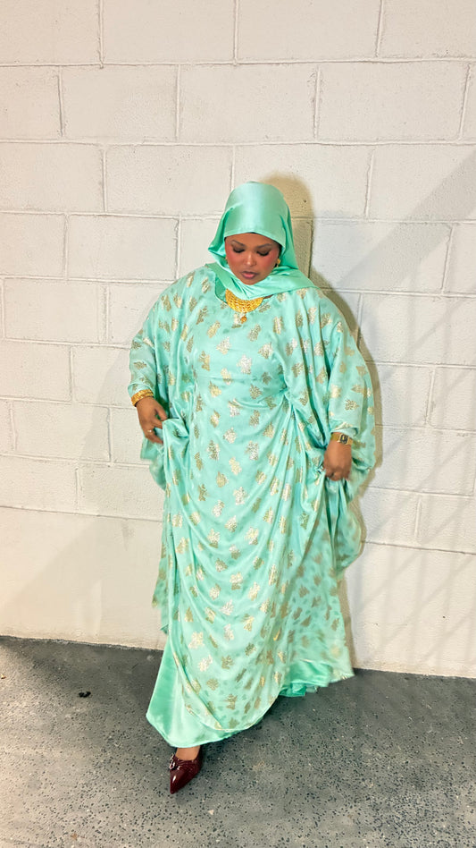 Mint & Gold Dirac – mint green satin dirac with gold motifs by Iqlimah Couture