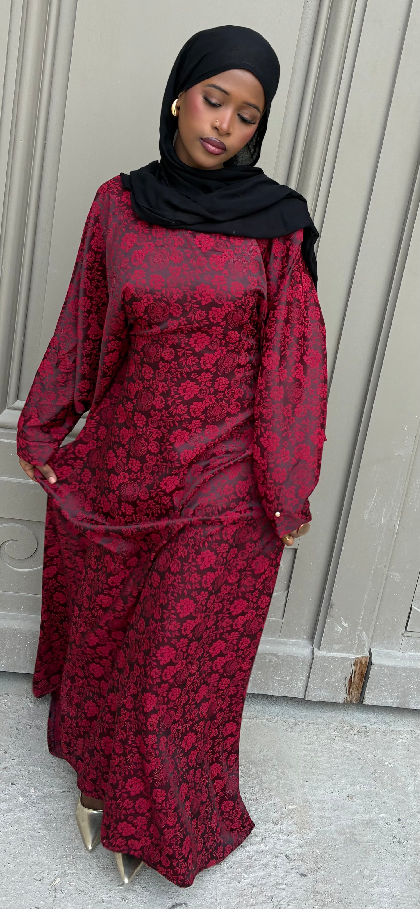 Burgundy Rose Abaya – burgundy rose jacquard abaya by Iqlimah Couture