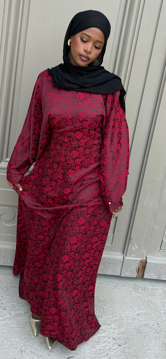 Burgundy Rose Abaya – burgundy rose jacquard abaya by Iqlimah Couture