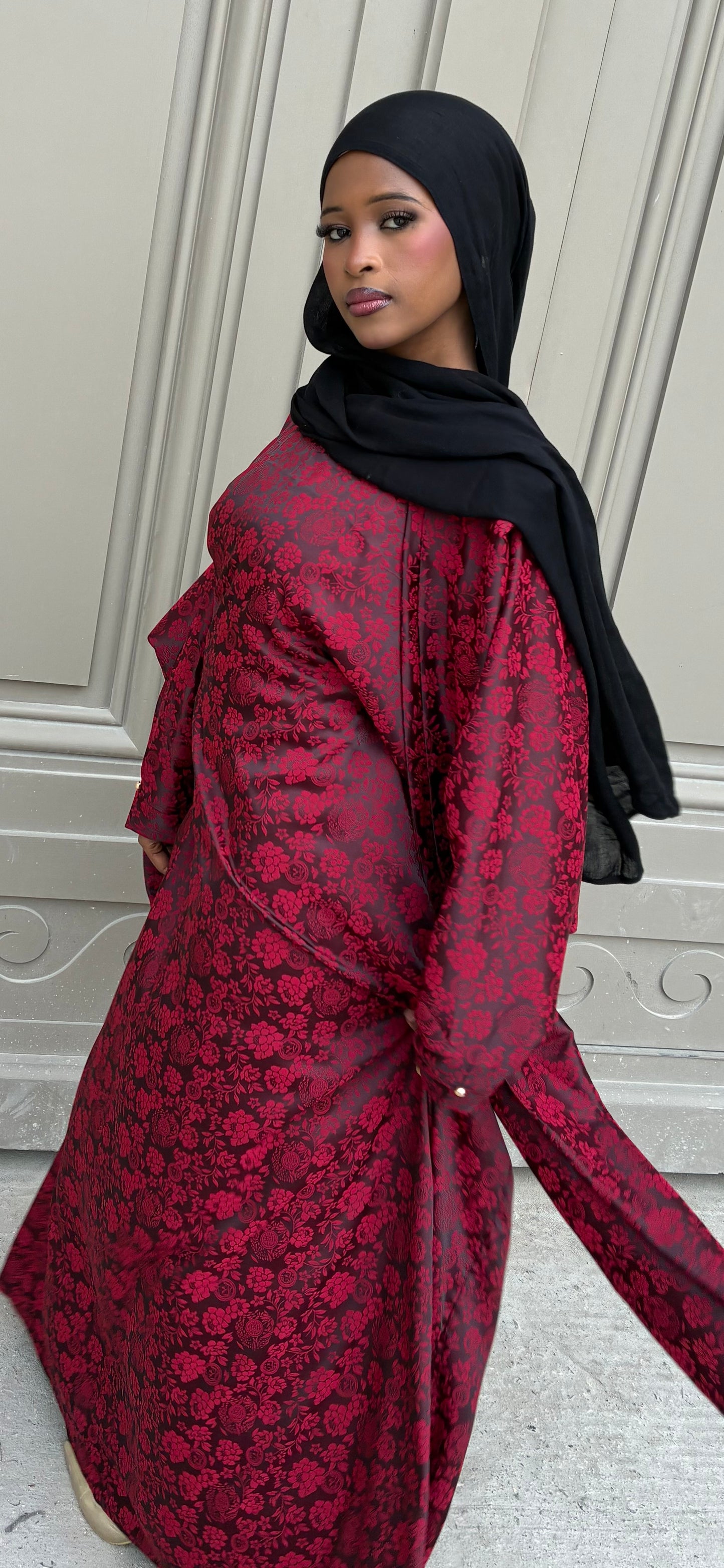 Burgundy Rose Abaya – deep red floral jacquard abaya, side view