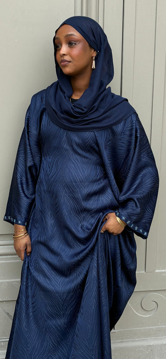 Navy Satin Abaya – navy satin abaya with tonal wave jacquard by Iqlimah Couture