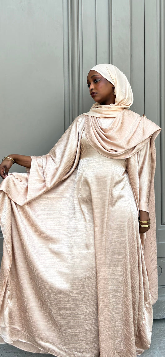 Champagne Shimmer Abaya – champagne shimmer satin abaya by Iqlimah Couture