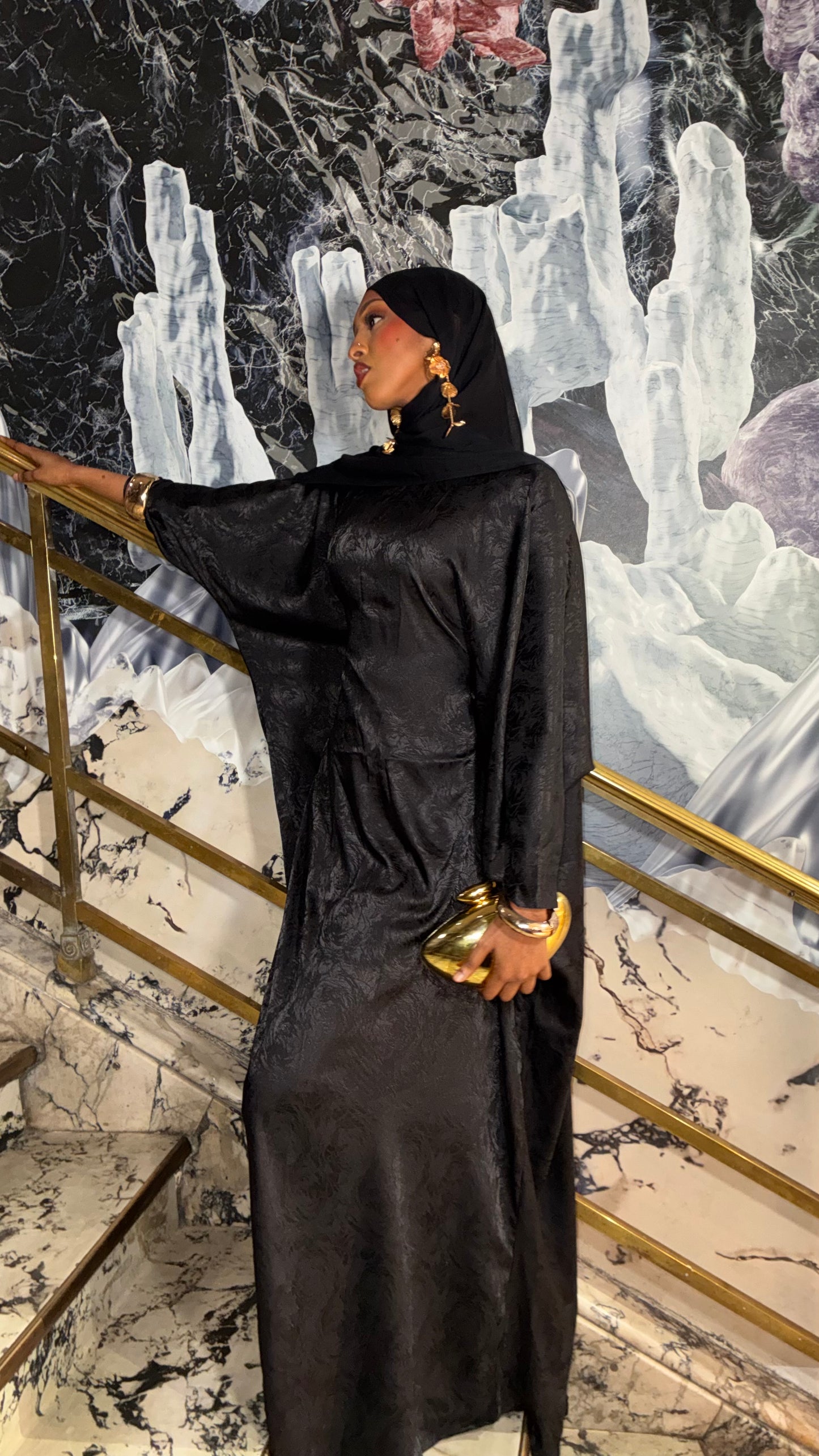 Onyx Jacquard Abaya – black satin abaya with tonal floral jacquard by Iqlimah Couture
