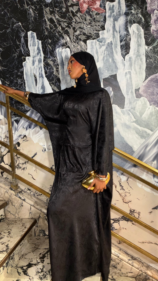 Onyx Jacquard Abaya – black satin abaya with tonal floral jacquard by Iqlimah Couture
