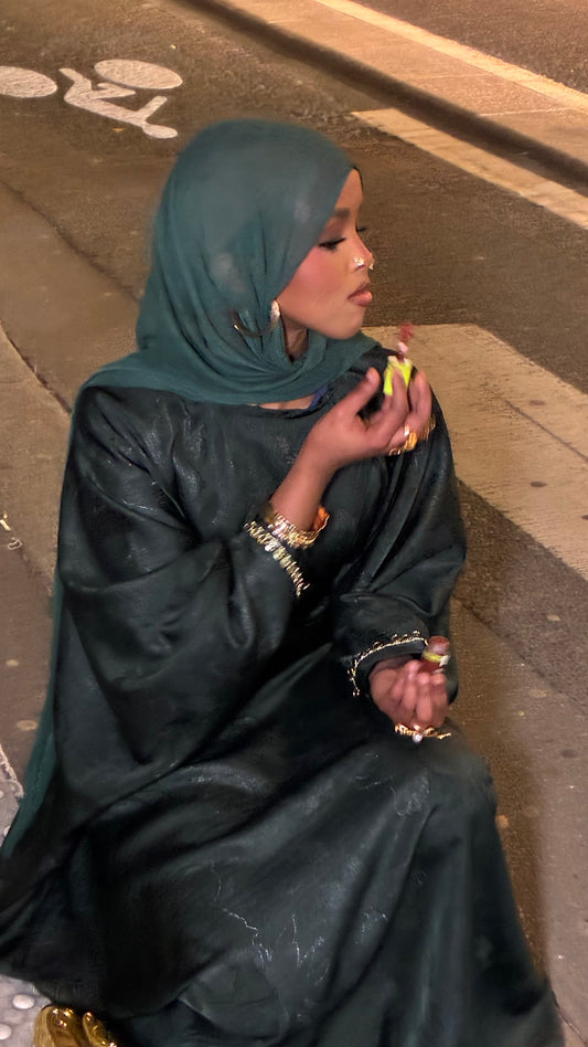 Teal Green Coin Abaya – teal green satin abaya with gold coin-trimmed cuffs by Iqlimah Couture