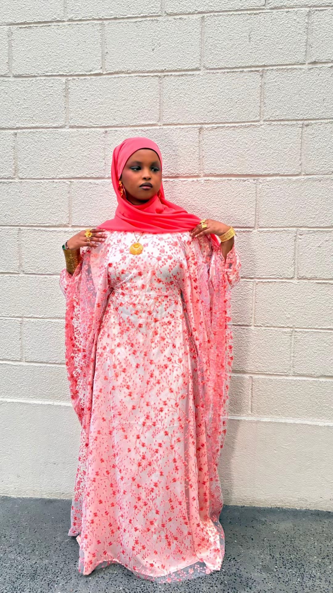 Coral Blossom Dirac – coral floral lace modest occasion dirac by Iqlimah Couture