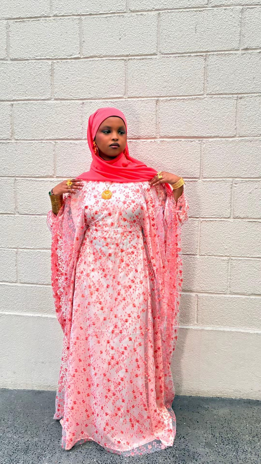 Coral Blossom Dirac – coral floral lace modest occasion dirac by Iqlimah Couture