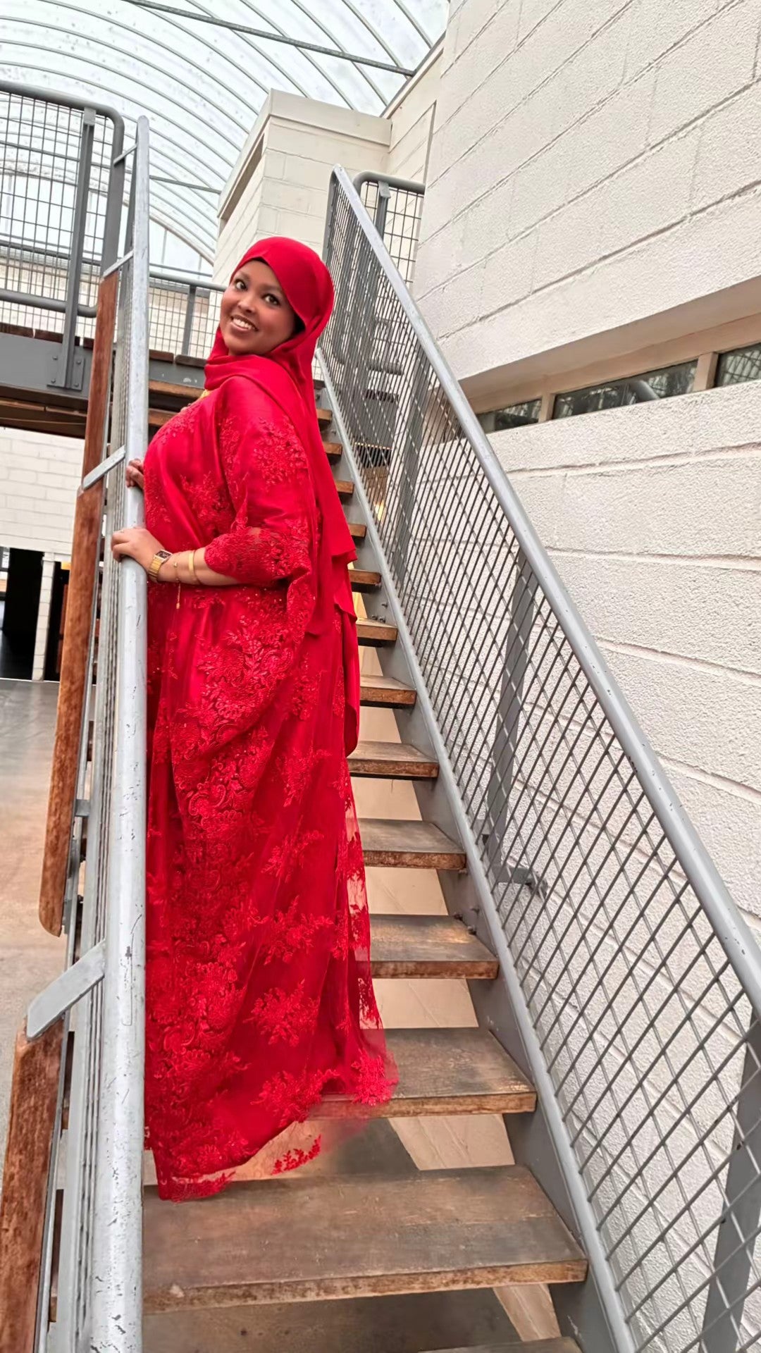 Red Lace Dirac – red lace dirac with sheer sleeves, side view