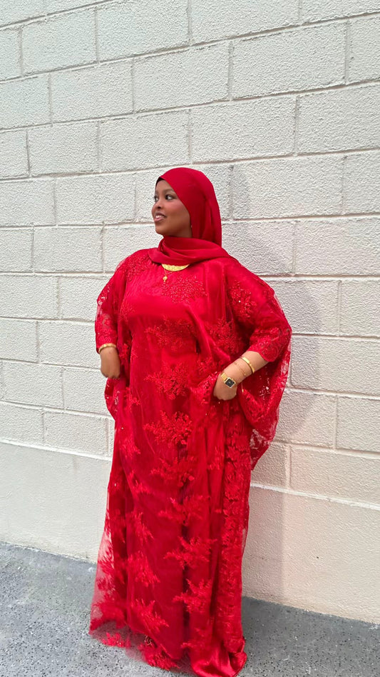 Red Lace Dirac – all-over red lace modest occasion dirac by Iqlimah Couture